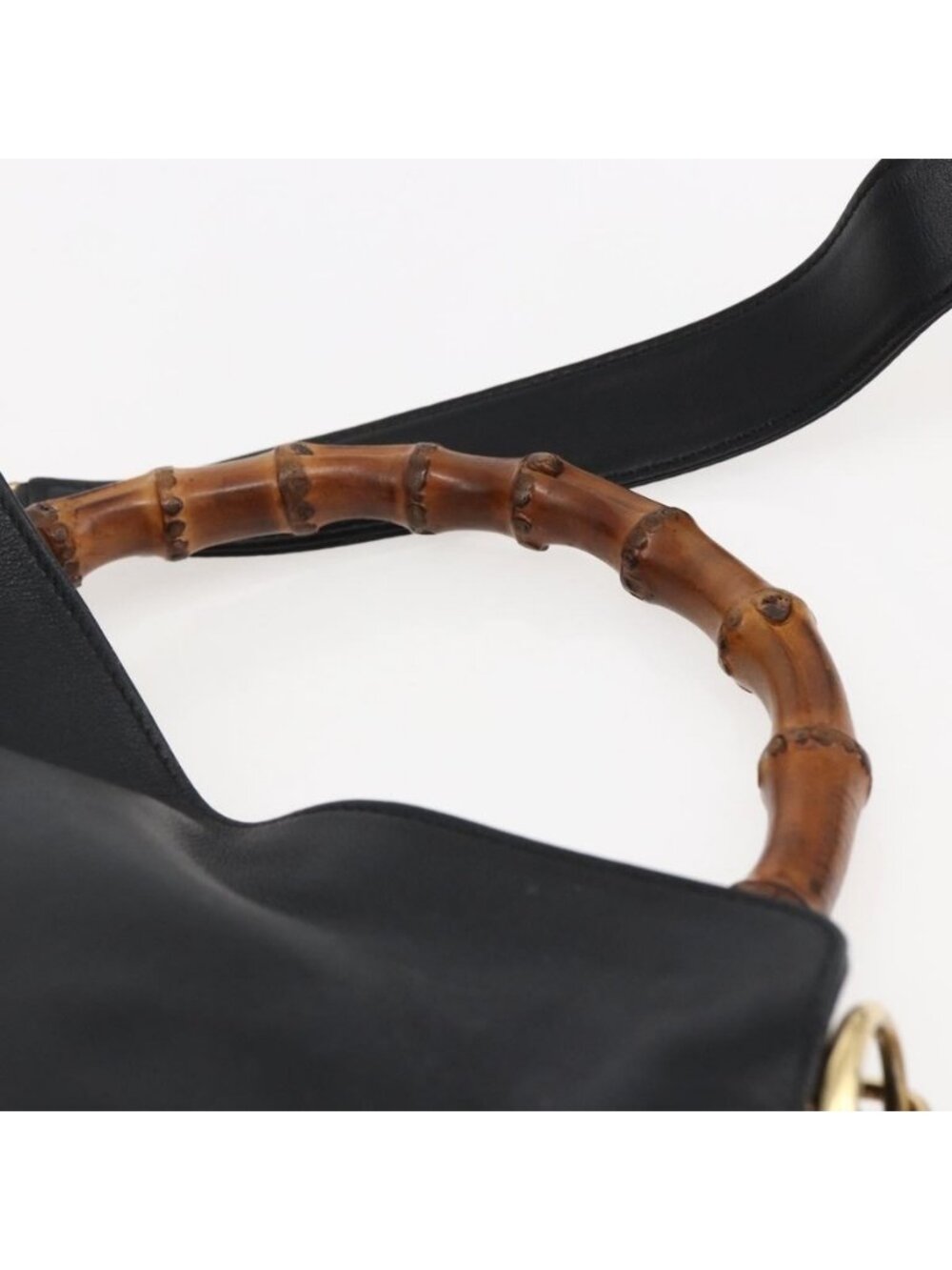 Authentic GUCCI Bamboo Shoulder Bag Leather 2way Black Gold 001 1705 1638 - Picture 6 of 16